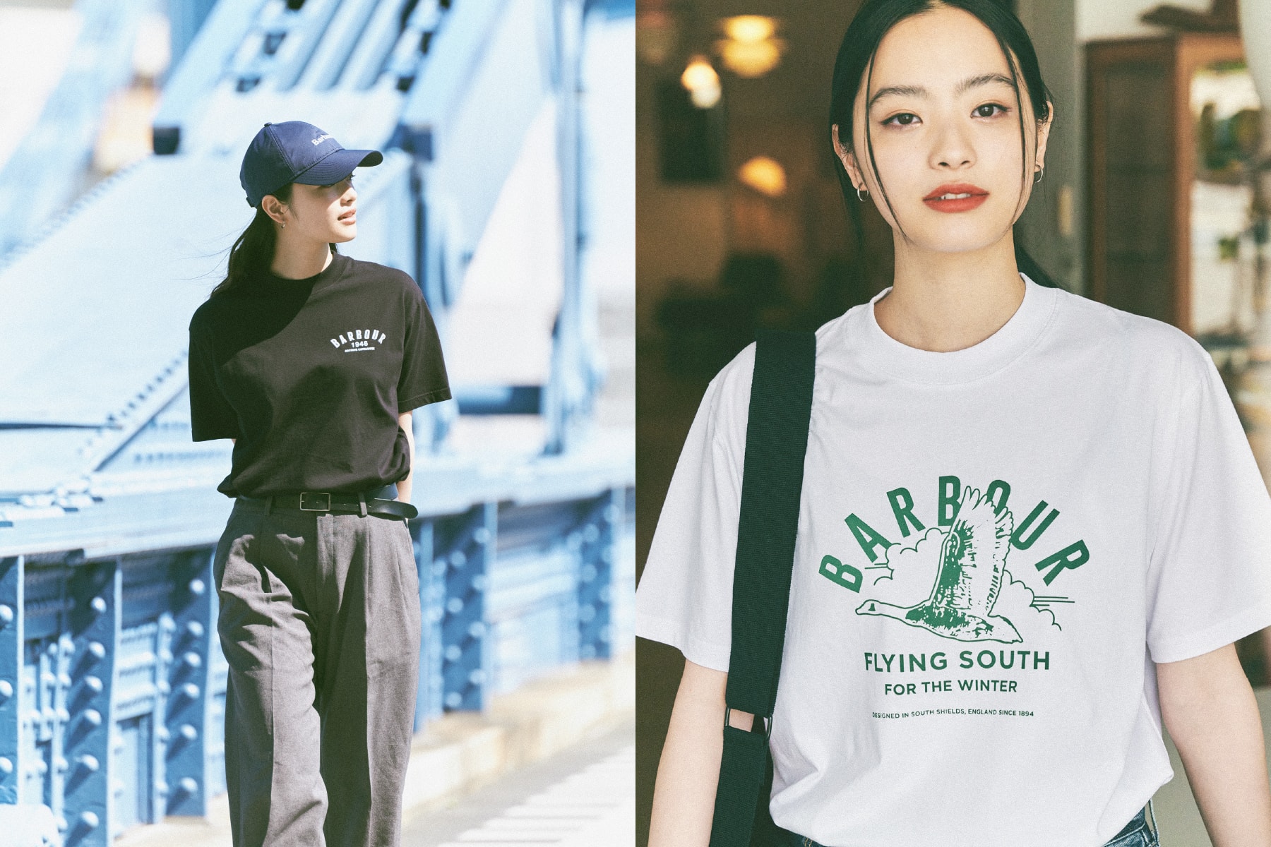 黒のBarbourTシャツと白のBarbourTシャツを着ている池田穂乃花