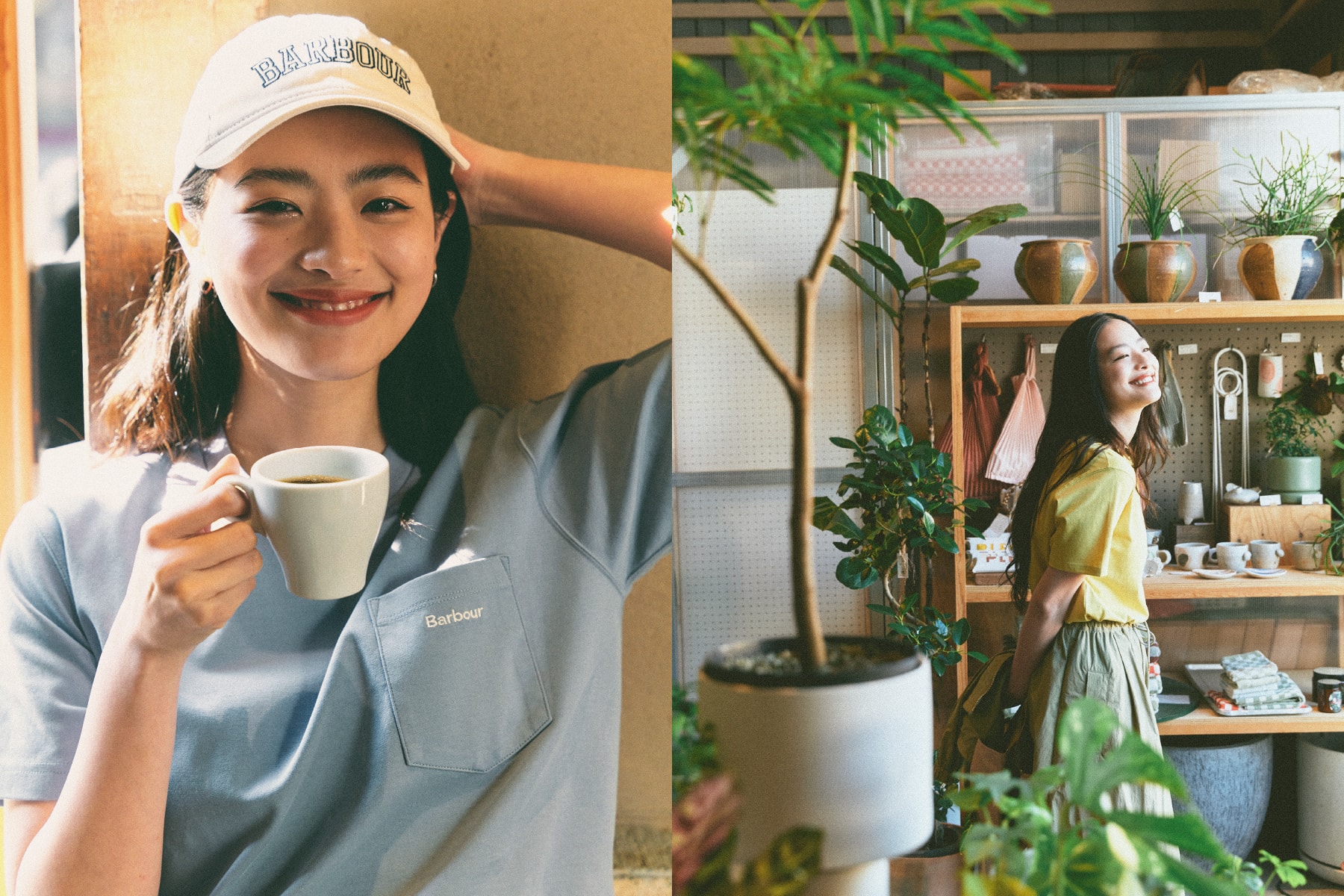 水色のBarbourTシャツと黄色のBarbourTシャツを着ている池田穂乃花